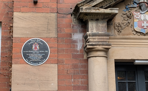Blue plaque at the entrance to Jesmond View, formerly Easton Hall